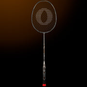 OLIVER EXTREME 69 Power Badminton Racket, grey racket with brown design and dark grey grip on a dark brown background