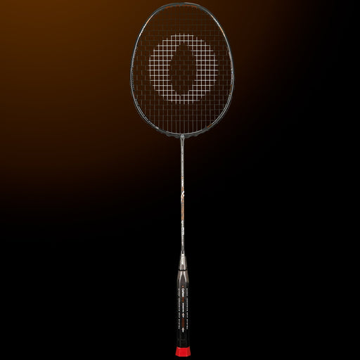OLIVER EXTREME 69 Power Badminton Racket, grey racket with brown design and dark grey grip on a dark brown background