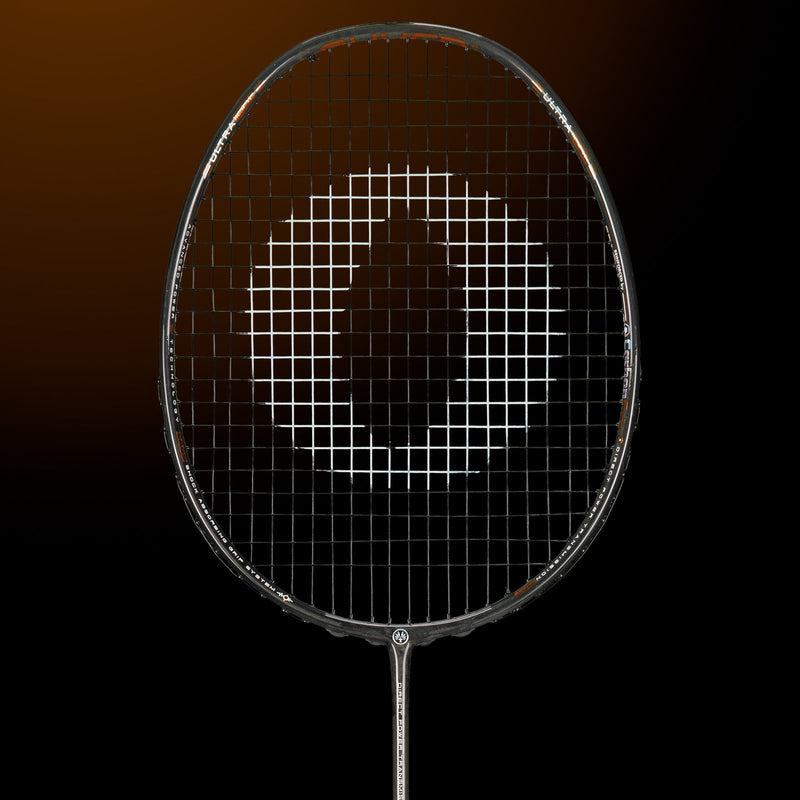 OLIVER EXTREME 69 Power Badminton Racket, grey racket with brown design on a dark brown background