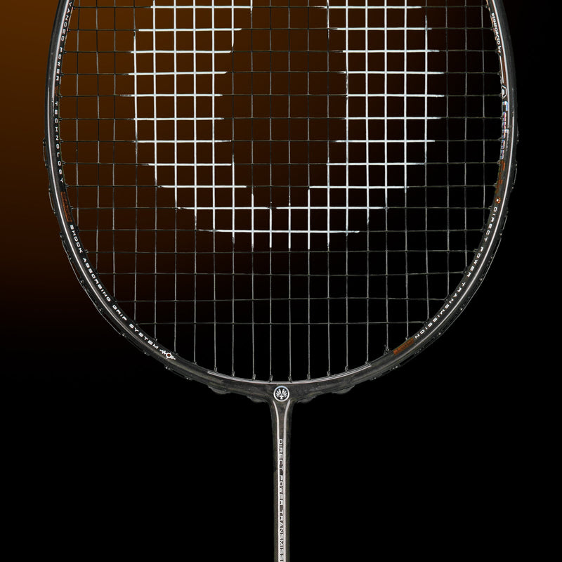 OLIVER EXTREME 69 Power Badminton Racket, grey racket with brown design on a dark brown background