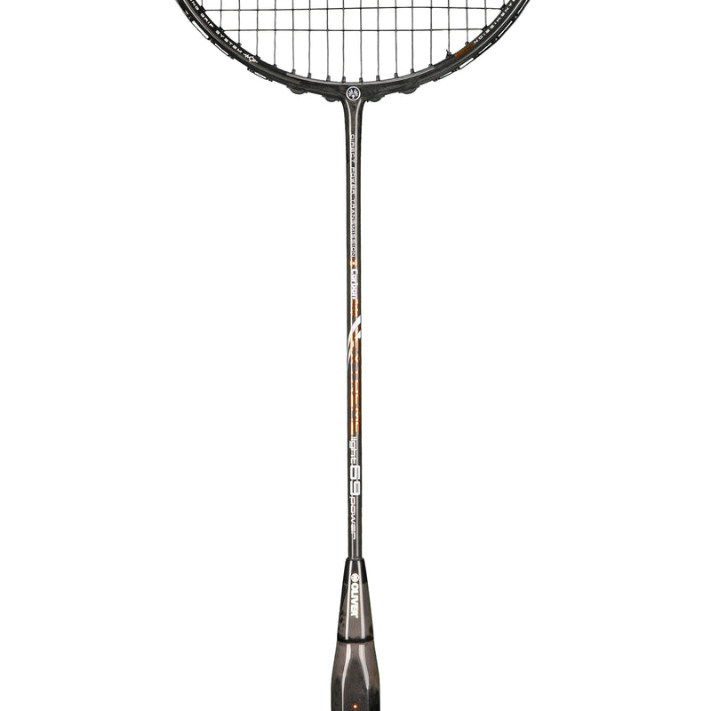 OLIVER EXTREME 69 Power Badminton Racket, grey racket with brown design and dark grey grip on a white background