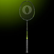 OLIVER Badminton Racket Model Fetter Smash 6, black racket with green design and black grip against a dark green background