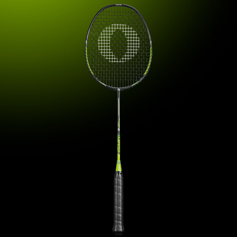 OLIVER Badminton Racket Model Fetter Smash 6, black racket with green design and black grip against a dark green background