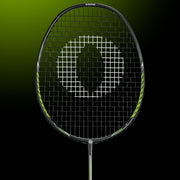 OLIVER Badminton Racket Model Fetter Smash 6, black racket with green design against a dark green background