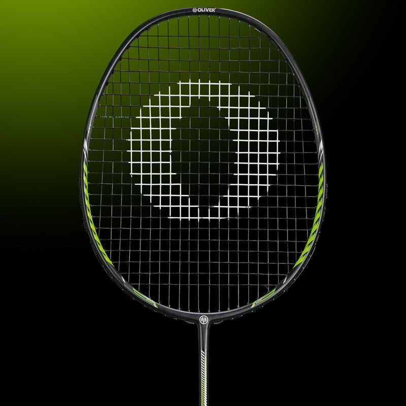 OLIVER Badminton Racket Model Fetter Smash 6, black racket with green design against a dark green background