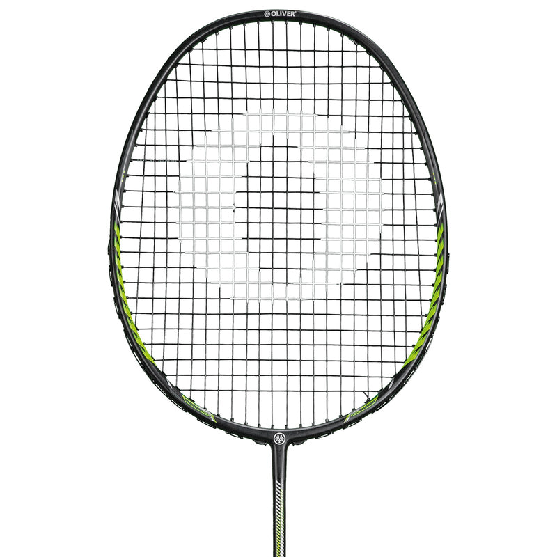 OLIVER Badminton Racket Model Fetter Smash 6, black racket with green design against a white background