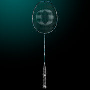 OLIVER Omex 710 Badminton Racket, black racket with blue design and black grip on a dark blue background