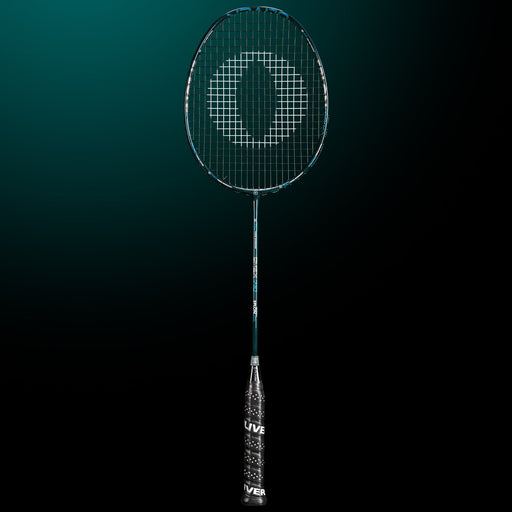 OLIVER Omex 710 Badminton Racket, black racket with blue design and black grip on a dark blue background