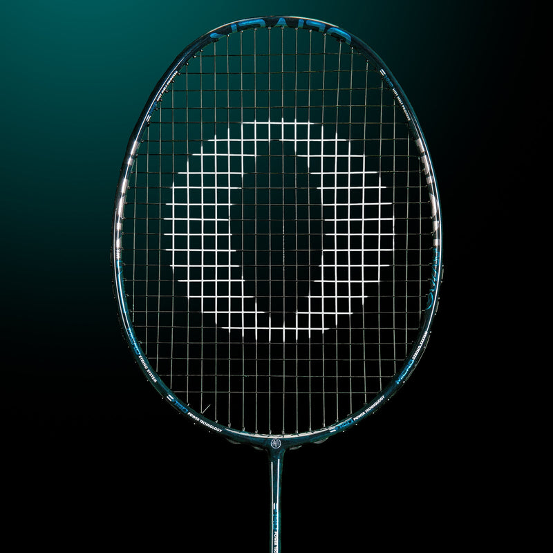 OLIVER Omex 710 Badminton Racket, black racket with blue design on a dark blue background