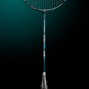 OLIVER Omex 710 Badminton Racket, black racket with blue design and black grip on a dark blue background