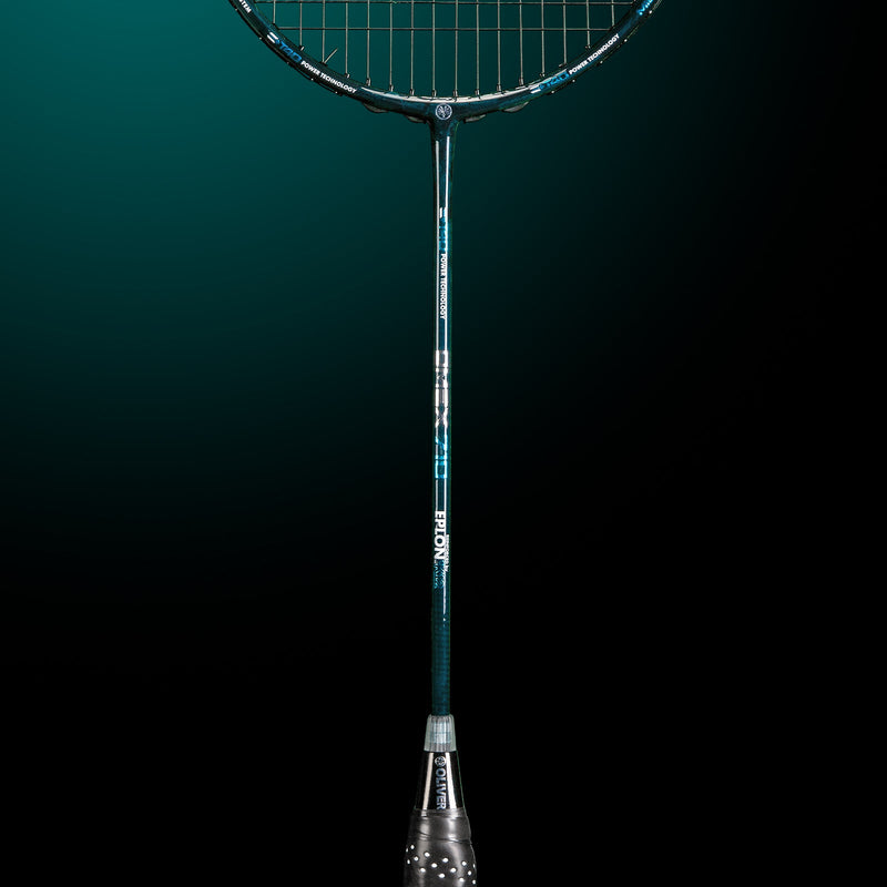 OLIVER Omex 710 Badminton Racket, black racket with blue design and black grip on a dark blue background