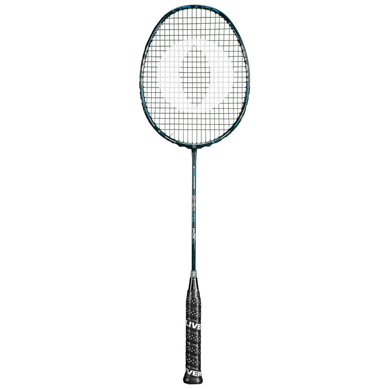 OLIVER Omex 710 Badminton Racket, black racket with blue design and black grip on a white background