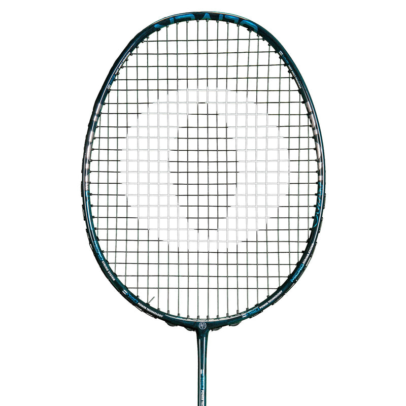 OLIVER Omex 710 Badminton Racket, black racket with blue design on a white background