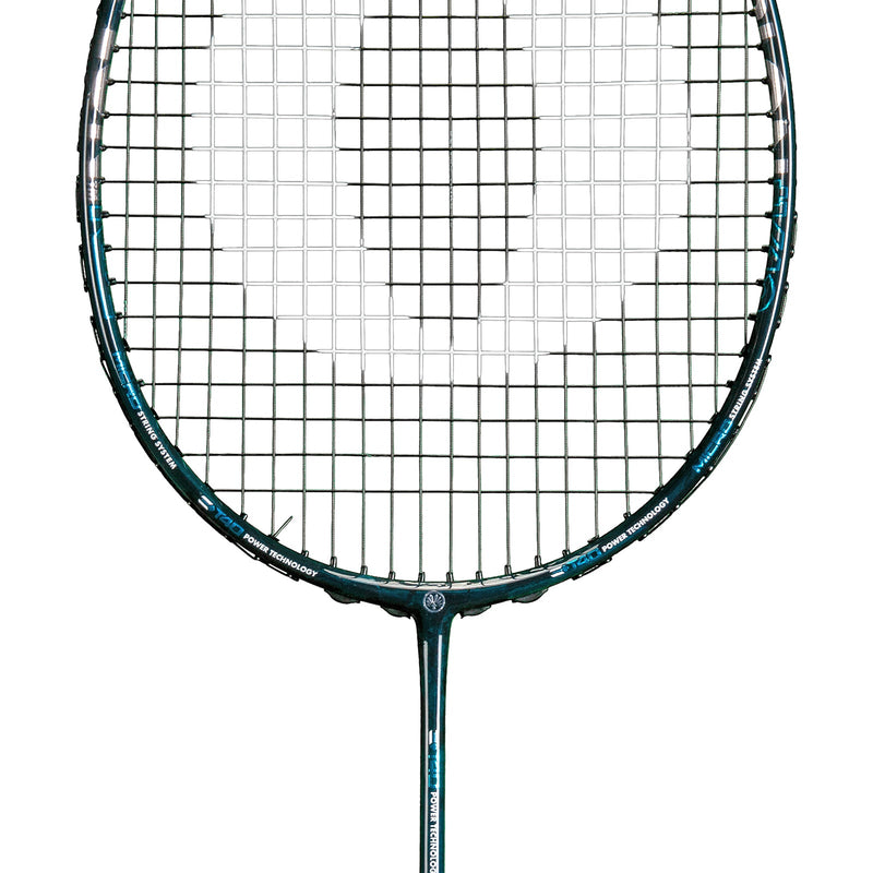 OLIVER Omex 710 Badminton Racket, black racket with blue design on a white background