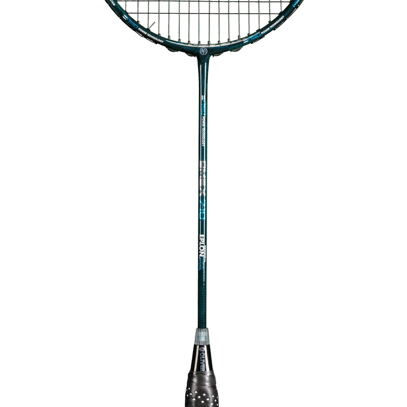 OLIVER Omex 710 Badminton Racket, black racket with blue design and black grip on a white background