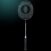 OLIVER Phantom X9 Badminton Racket, black and white racket with black grip on a dark background