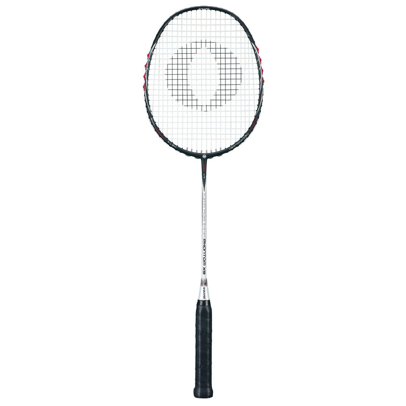 OLIVER Phantom X9 Badminton Racket, black and white racket with black grip on a white background