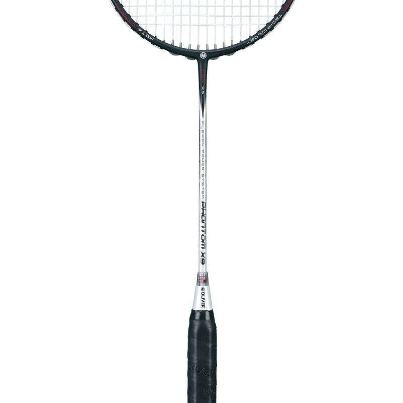 OLIVER Phantom X9 Badminton Racket, black and white racket with black grip on a white background