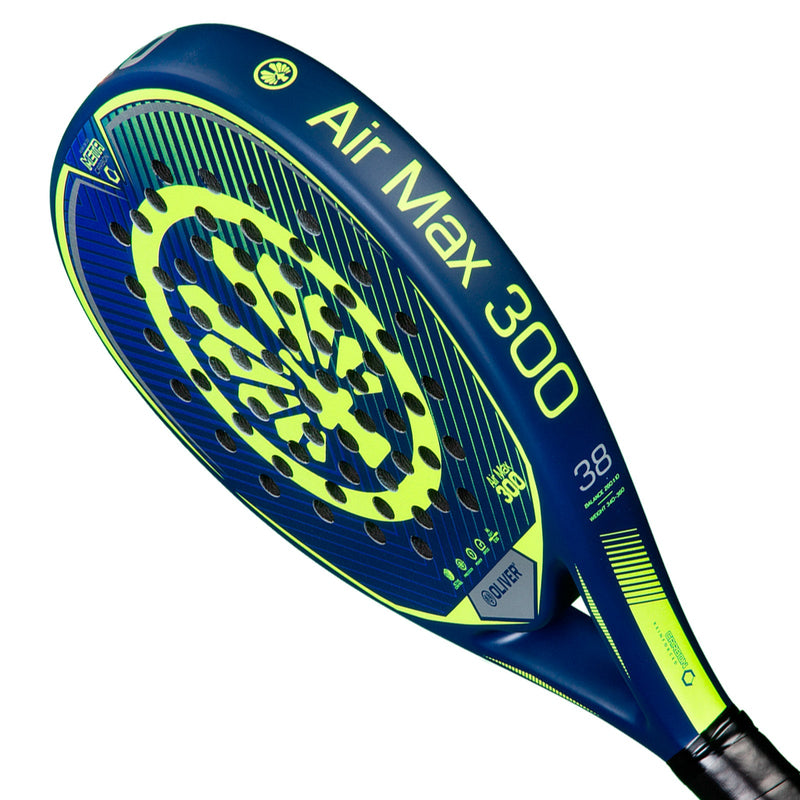 OLIVER AIR MAX 300 Padel Racket, blue with yellow design on a white background