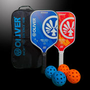 OLIVER Pickleball set comprising two pickleball paddles with a black carrying case and three pickleball balls on a dark  background