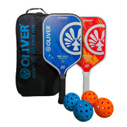 OLIVER Pickleball set comprising two pickleball paddles with a black carrying case and three pickleball balls on a white background