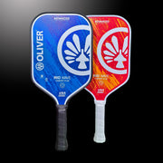Two OLIVER pickleball paddles, one blue and one red-orange with white design, on a dark background.