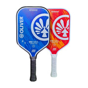 Two OLIVER pickleball paddles, one blue and one red-orange with white design, on a white background.