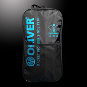 Black OLIVER pickleball bag, viewed from the front, featuring a blue logo and integrated net on a black background.