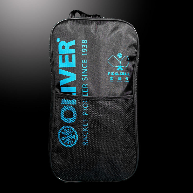 Black OLIVER pickleball bag, viewed from the front, featuring a blue logo and integrated net on a black background.