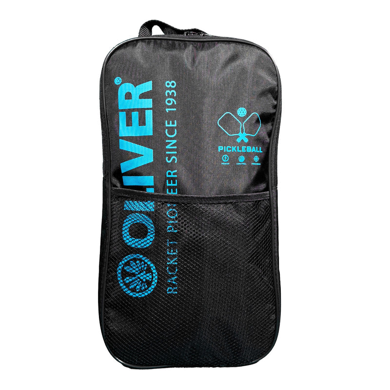 Black OLIVER pickleball bag, viewed from the front, featuring a blue logo and integrated net.