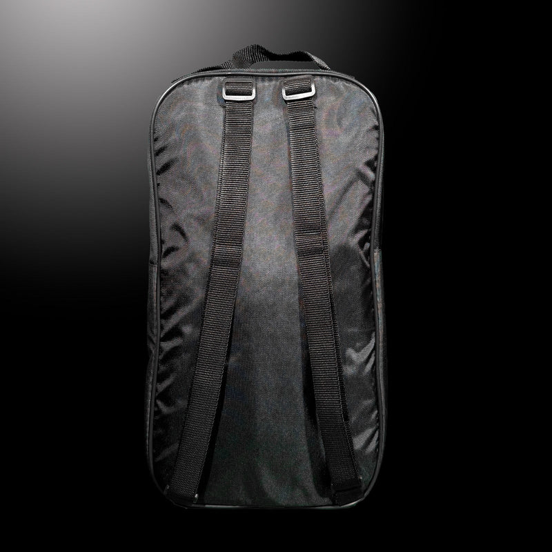 Black OLIVER pickleball bag, viewed from the back, with two shoulder straps on a black background.