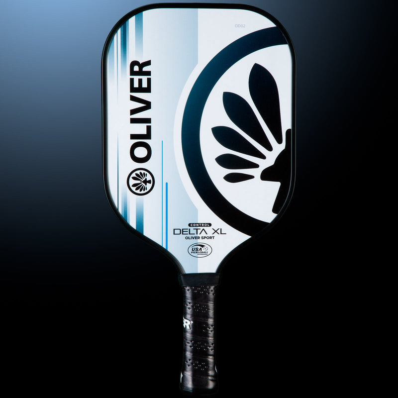 OLIVER Delta XL Control Pickleball Paddle White/Grey, white with black and blue design on a dark blue background