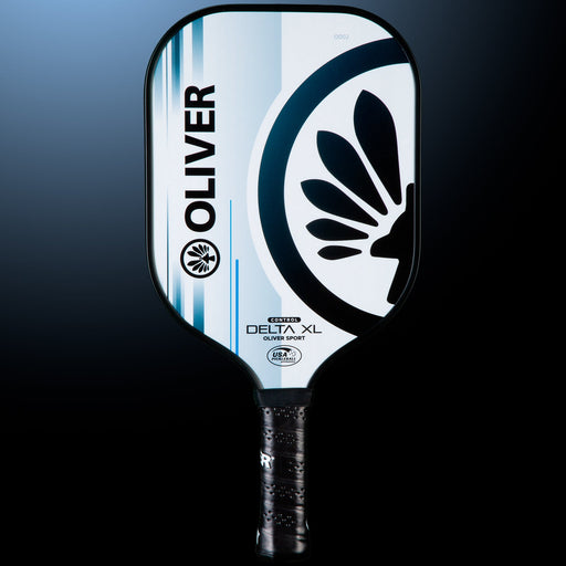 OLIVER Delta XL Control Pickleball Paddle White/Grey, white with black and blue design on a dark blue background