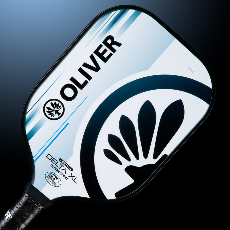 OLIVER Delta XL Control Pickleball Paddle White/Grey, white with black and blue design on a dark blue background
