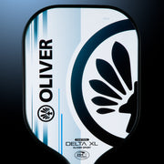 OLIVER Delta XL Control Pickleball Paddle White/Grey, white with black and blue design on a dark blue background