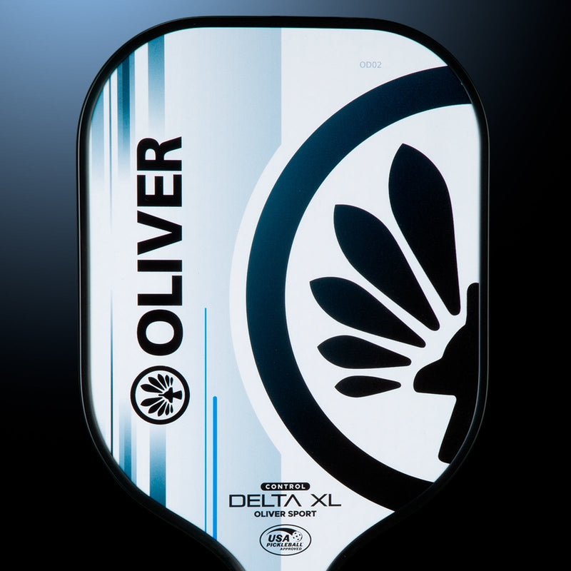 OLIVER Delta XL Control Pickleball Paddle White/Grey, white with black and blue design on a dark blue background