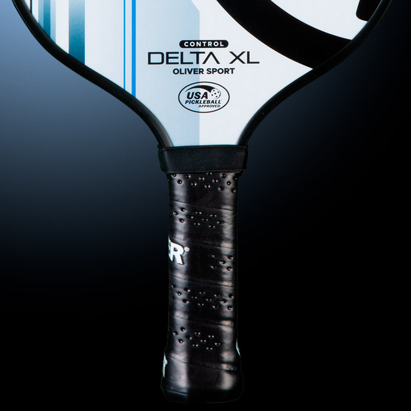 OLIVER Delta XL Control Pickleball Paddle White/Grey, white with black and blue design on a dark blue background