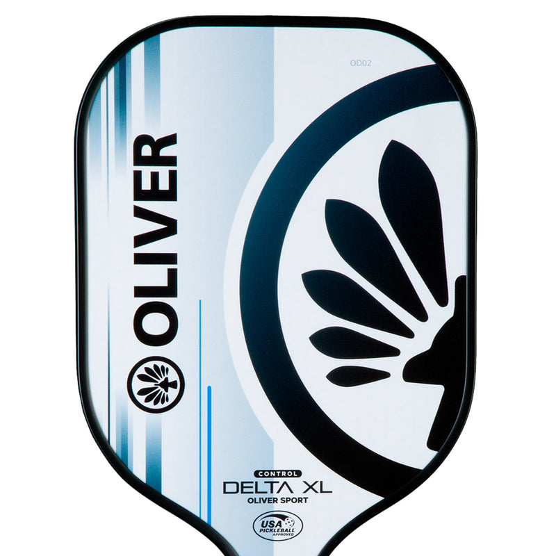 OLIVER Delta XL Control Pickleball Paddle White/Grey, white with black and blue design on a white background