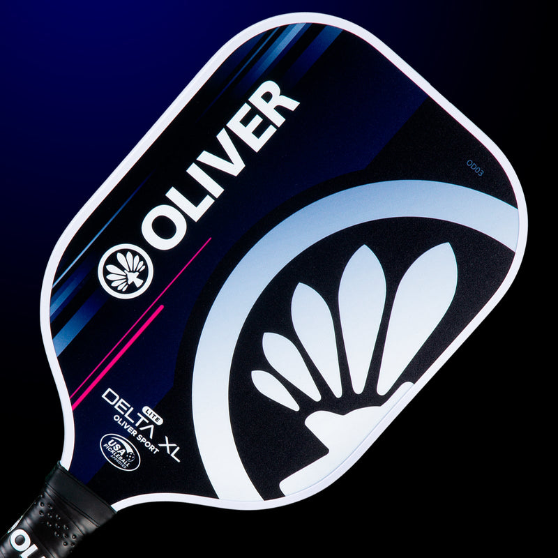 OLIVER Delta XL Lite Pickleball Paddle Purple/Pink, black with white and pink design on a dark blue background