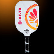 OLIVER Stream-1 Lite Pickleball Paddle White/Orange, white with red and orange design on a dark orange background