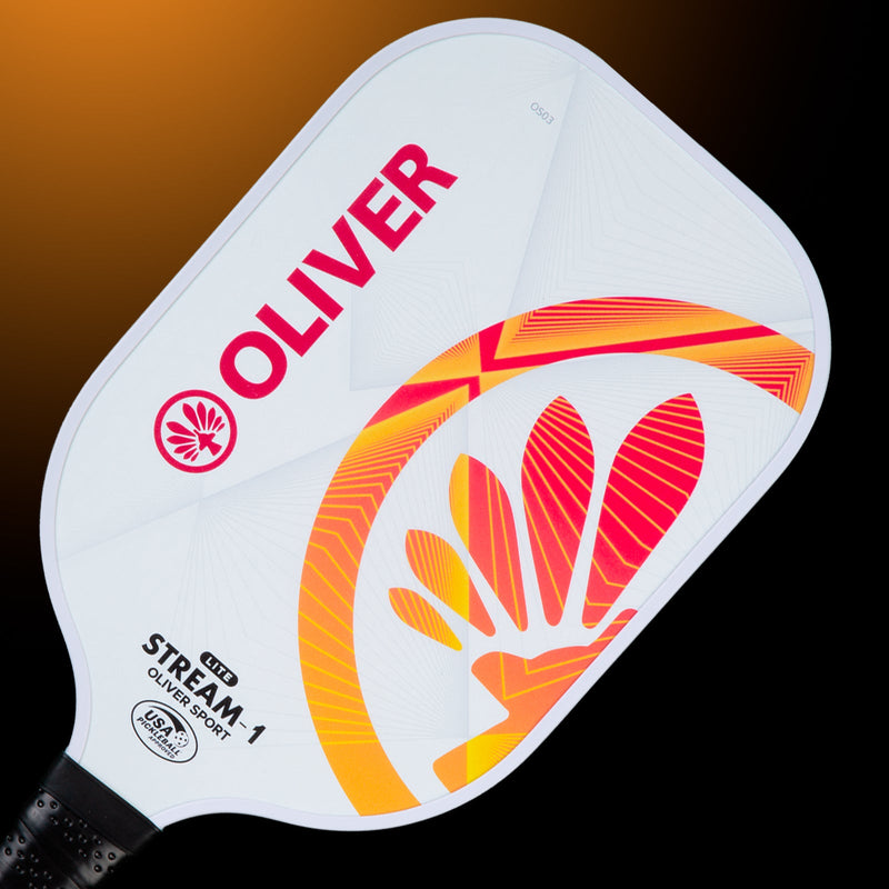 OLIVER Stream-1 Lite Pickleball Paddle White/Orange, white with red and orange design on a dark orange background