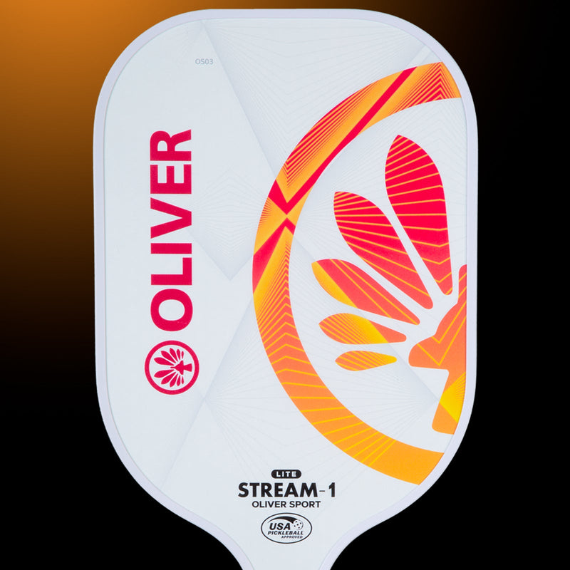 OLIVER Stream-1 Lite Pickleball Paddle White/Orange, white with red and orange design on a dark orange background
