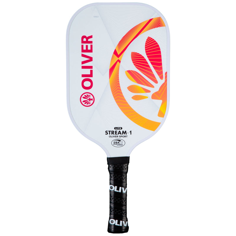 OLIVER Stream-1 Lite Pickleball Paddle White/Orange, white with red and orange design on a dark orange background
