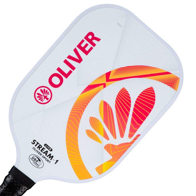 OLIVER Stream-1 Lite Pickleball Paddle White/Orange, white with red and orange design on a white background