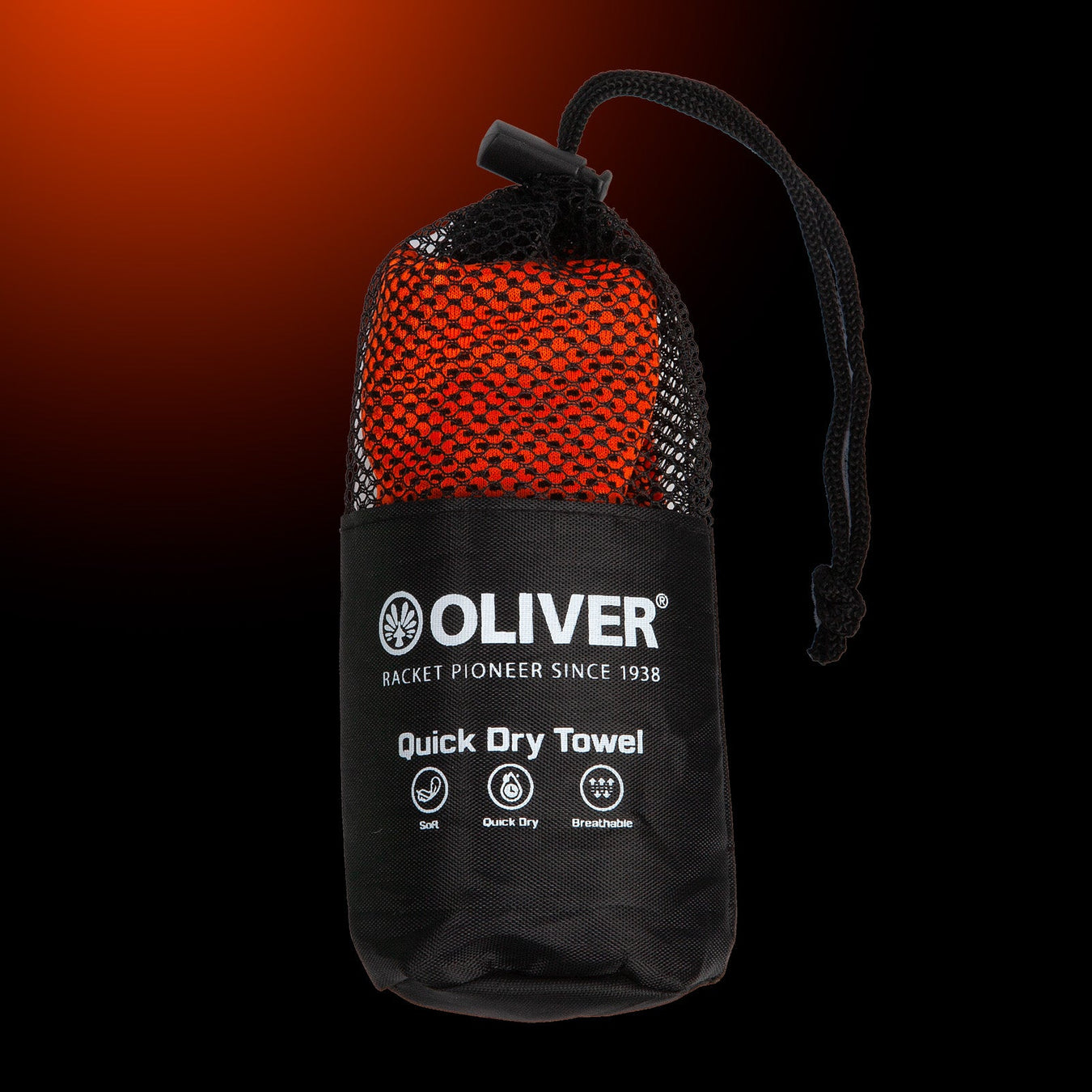 OLIVER Quick-Dry Towel in orange, packed in a black carry pouch