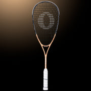 OLIVER APEX 320 CE Squash Racket, copper and black racket with white grip on a dark brown background