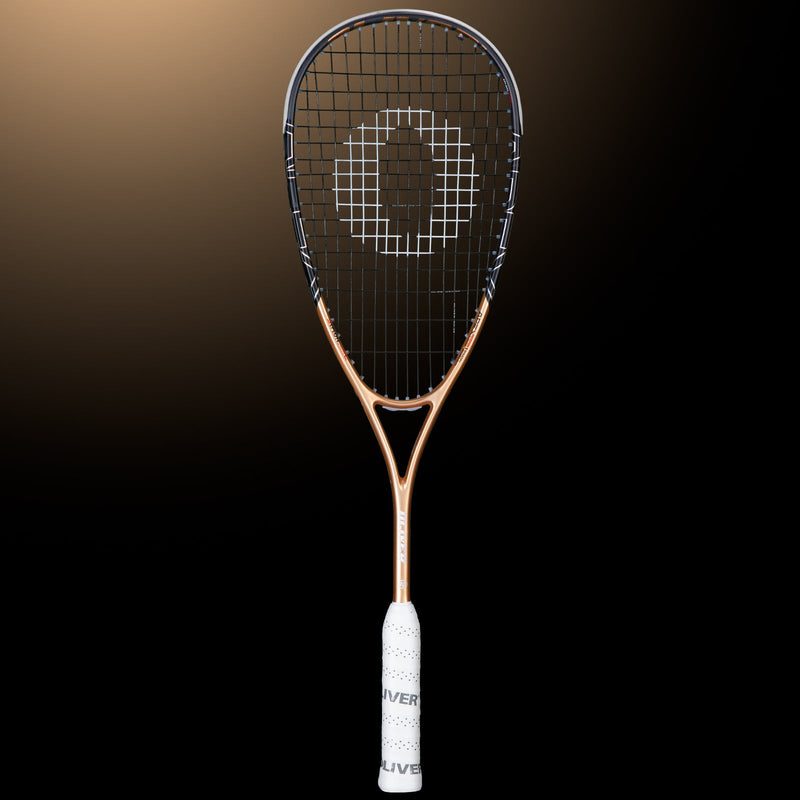 OLIVER APEX 320 CE Squash Racket, copper and black racket with white grip on a dark brown background