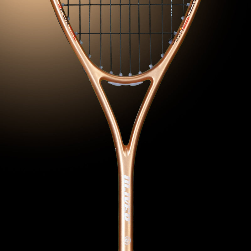 OLIVER APEX 320 CE Squash Racket, copper and black racket on a dark brown background