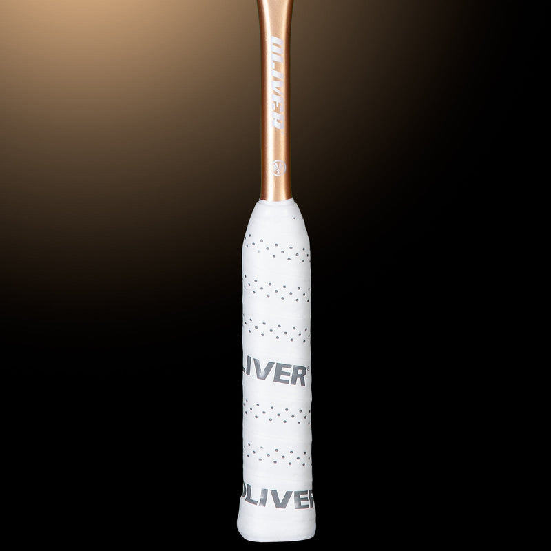 OLIVER APEX 320 CE Squash Racket, white grip on a dark brown background