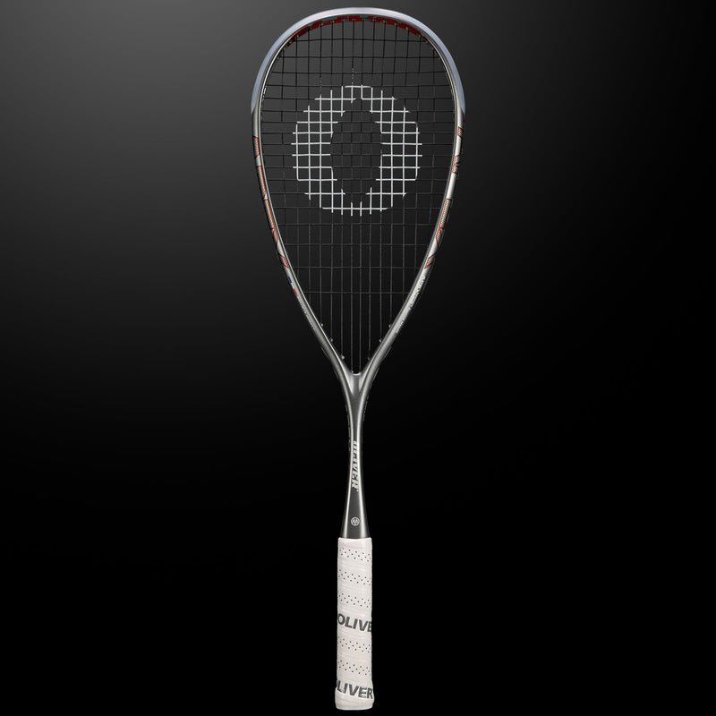 OLIVER APEX 5.0 Pro Squash Racket, silver racket with white grip on a dark grey background